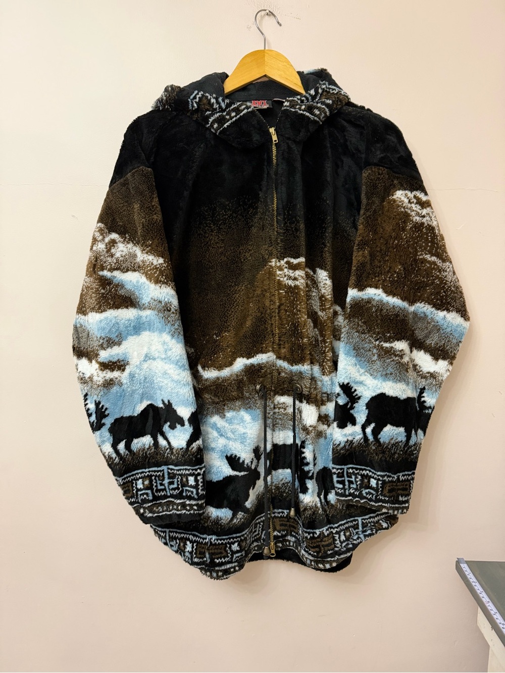 Vintage Fleece Jacket with moose wildlife print- adjustable waist size XL